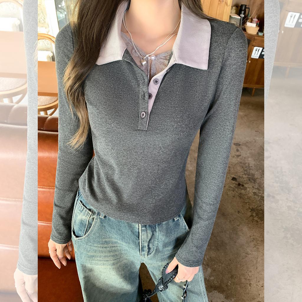 Dark gray fake two-piece POLO collar long-sleeved T-shirt women's autumn new versatile slim-fitting and thin contrasting top