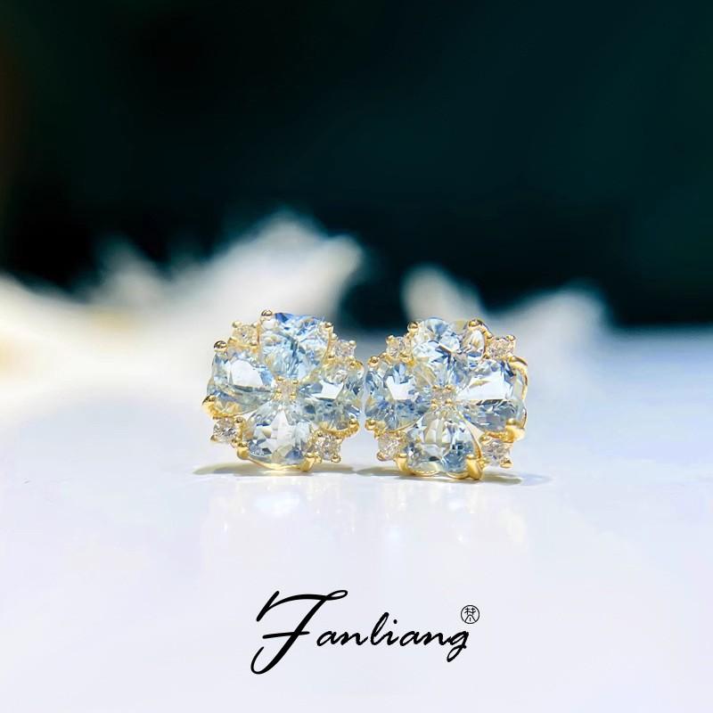 1.8ct Natural Aquamarine Clover Stud Earrings Women Sterling Plated Gold Geometric Fashion Jewelry
