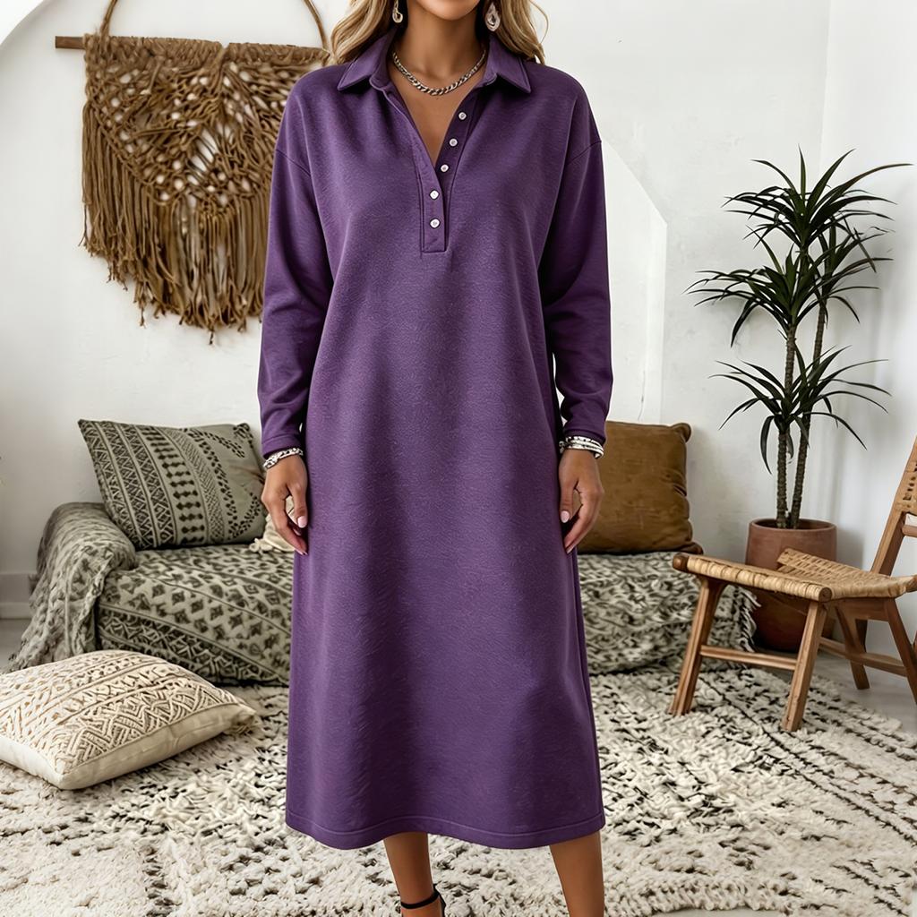 Women's Knit Sweatshirt Dress with Shirt Collar Long Sleeve Button Front Casual Midi Dress for Everyday Wear