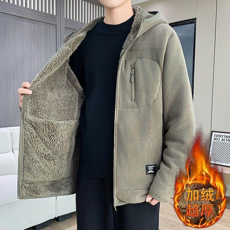 Thick Fleece Jacket for Men Winter Outdoor Hooded Warm Fleece Jacket Cardigan Sweatshirt