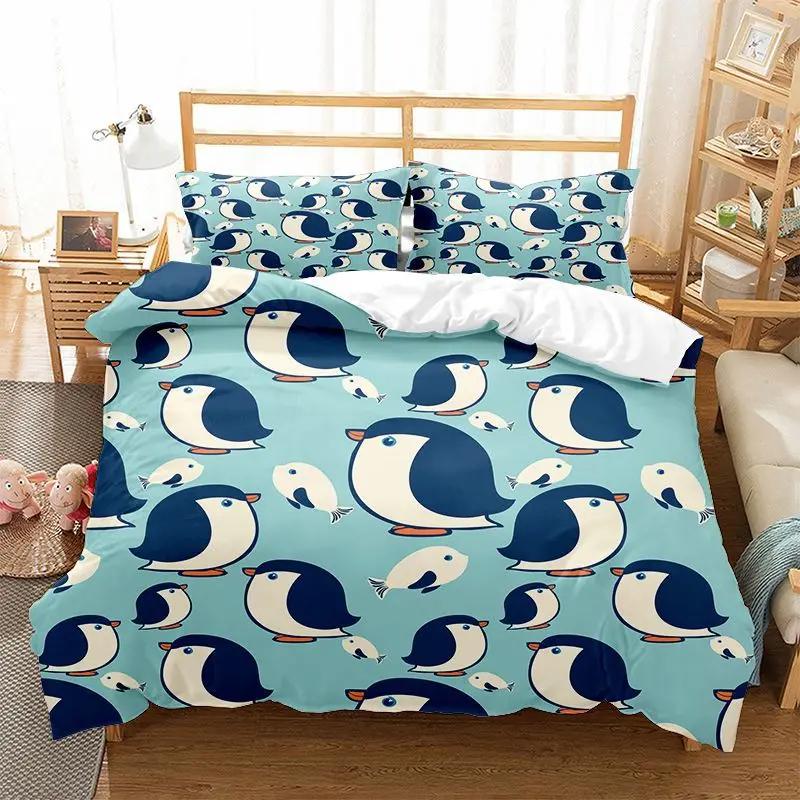 Cartoon Penguin Duvet Cover Set For Boys Girl Animated Antarctic Animal Polyester Quilt Cover White Black King Queen Size