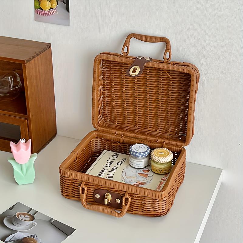 Vintage Rattan Woven Storage Basket with Handle Rectangular Stackable Organizer for Picnics Home Decor Living Room Shelf Baskets