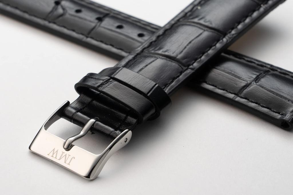 JMW TOKYO Moon Phase Watch 20mm Lug Genuine Leather Replacement Black with Silver Includes Spring and A Great Day Men's Strap, Width, Strap, Buckle,