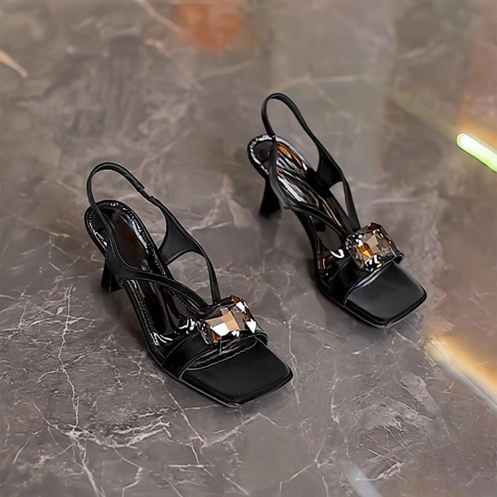 

Роскошные хрустальные женские босоножки на каблуке, дизайнерские туфли на среднем каблуке с квадратным носком, лето 2025, туфли-стилеты, туфли-лодочки, с ремешком на пятке, Chaussures Femme 36 чёрный