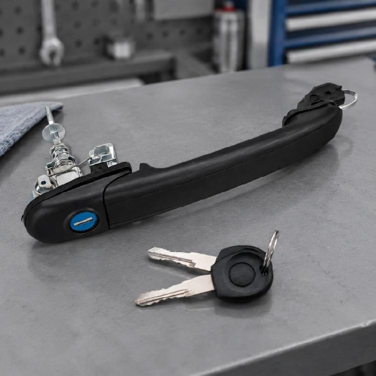 Black Exterior Vehicle Door Handle Assembly with Bolt-On Installation, Engineering-Plastic Construction and Integrated Lock Component 6N0837207
