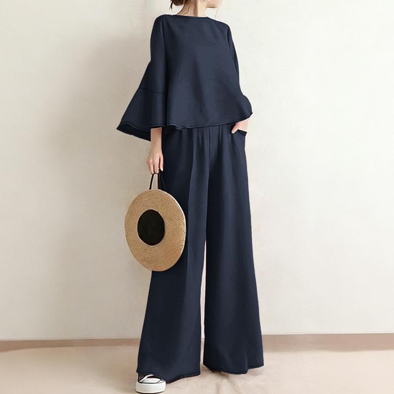 ZANZEA Set de costume casual din două piese pentru femei, cu bluză cu mânecă 3/4 și pantaloni cu picior larg