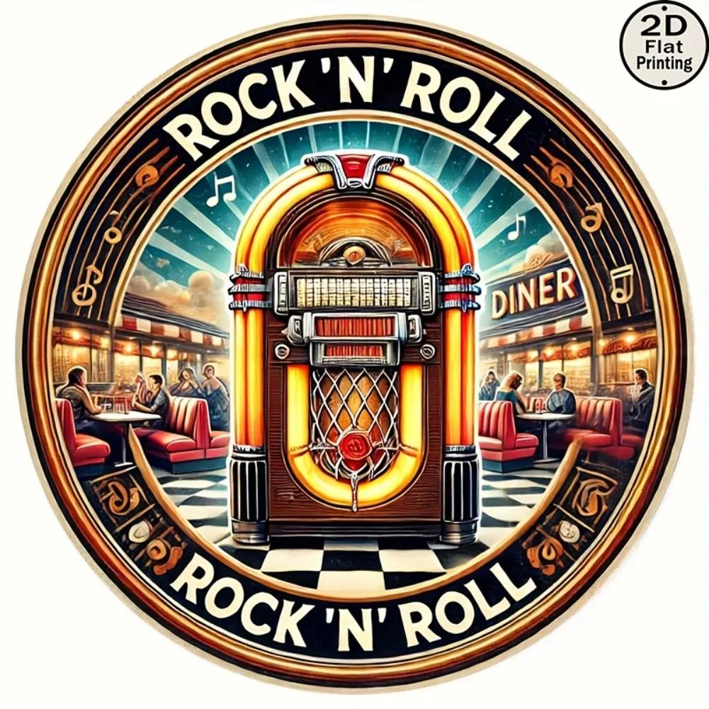 pc D Flat Printing Rock and Roll Jukebox Retro x Round Metal Wall Tin Sign Metal Art Decoration Rock and Roll Time 20x20cm(8x8inch)