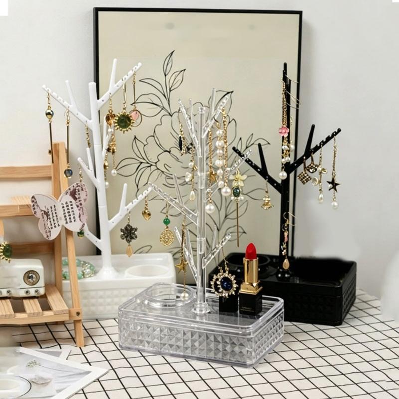 Tree Jewelry Stand for Dresser Storage with Rotating Branch Display and Bottom Tray, Daily Necklace Bracelet Holder