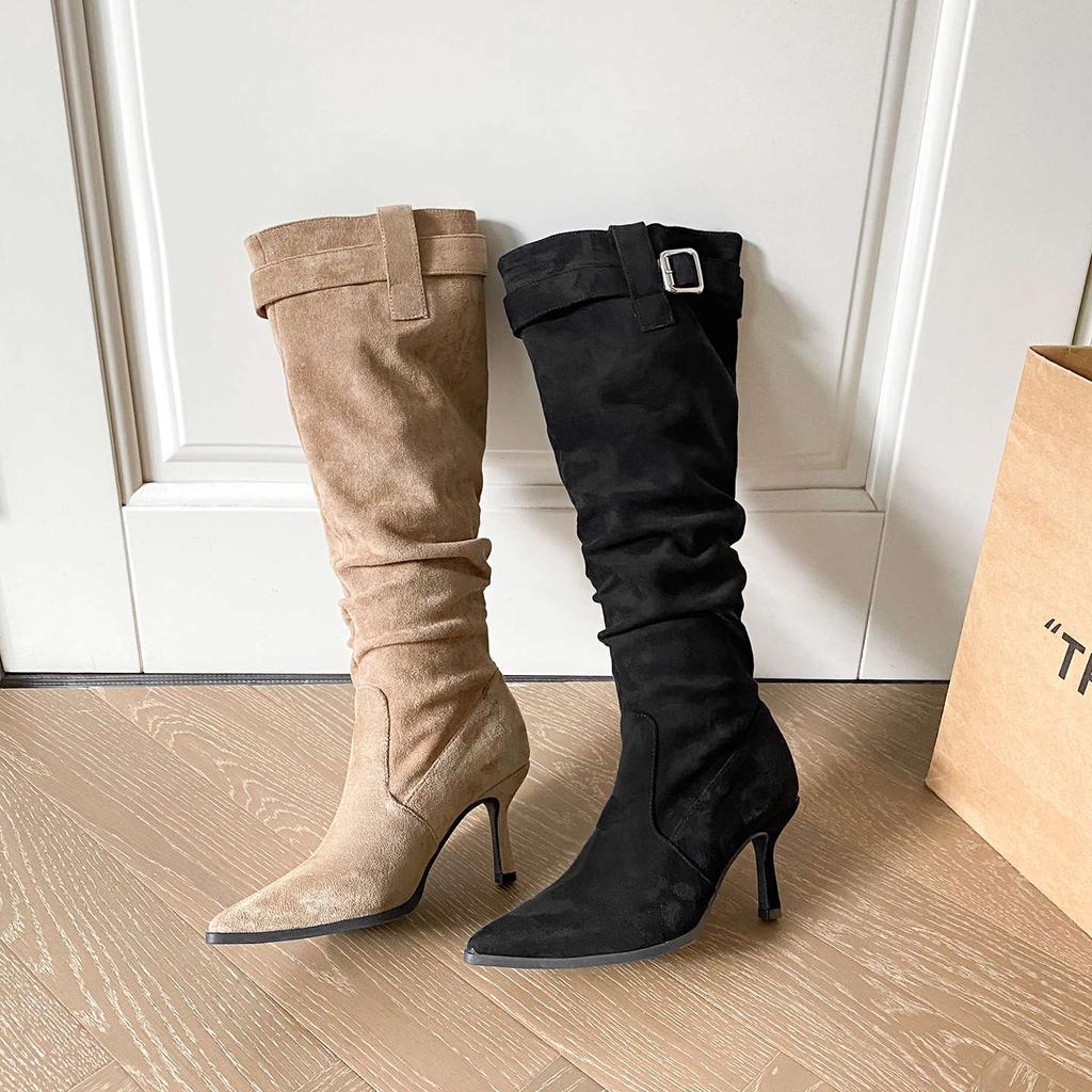 Pointed thin heel thin big tube circumference stacking boots 2025 autumn and winter new belt buckle high heel boots thin boots