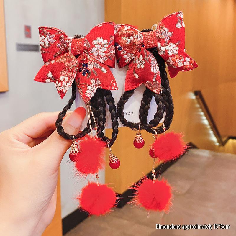 Children's Chinese Bow Braid Hair Clip & Hanfu Wig Headdress