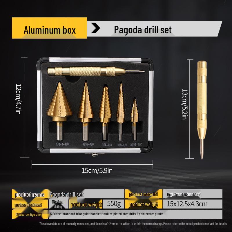 5-Piece Imperial Size HSS Step Drill Bit Set with Black & Gold Triangle Shank In Aluminum Box