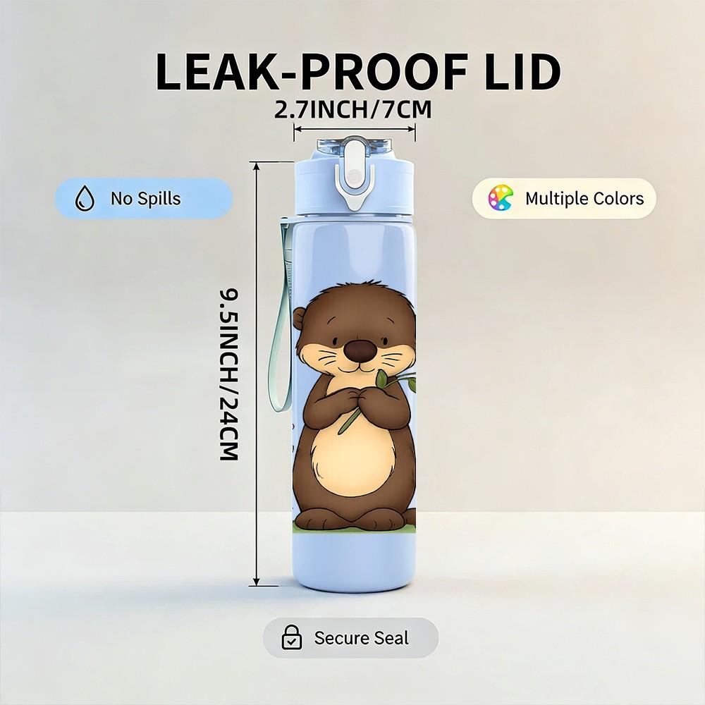 1PC Floral Brown Otter 750ml Color Plastic Sports Water Bottle Leakproof Flip Straw Lid Suitable for Sports Office Home Use