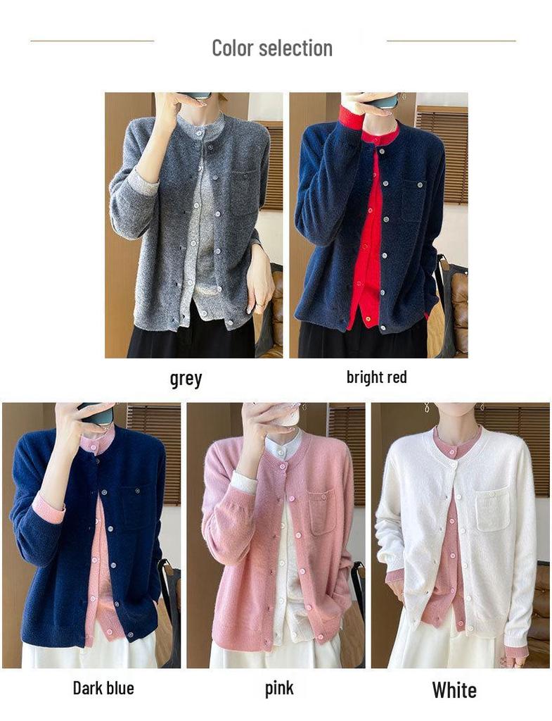 Women's 100% Wool Cardigan, Fake Two-Piece, Slimming Round Neck, Lazy Style Sweater Coat for Spring & Autumn