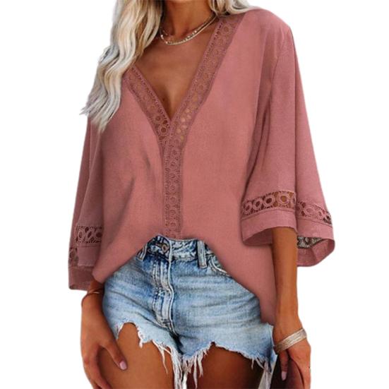 Blouse Solid Color Loose 4 Colors Women Hollow Out Lace Stitching Tops
