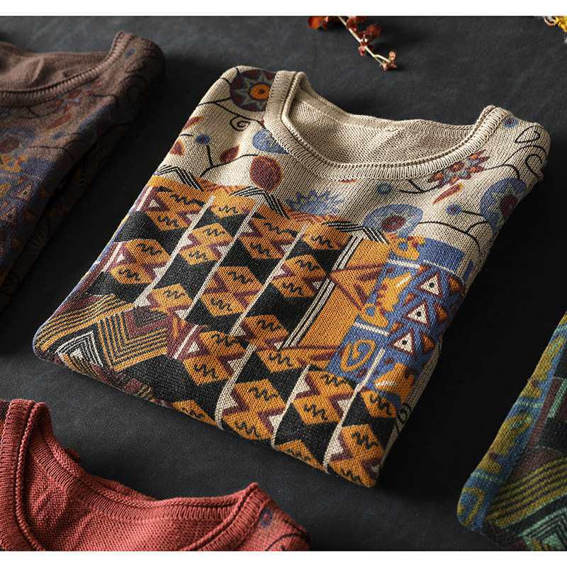 Women's Retro Floral Cotton Knit Sweater: Loose, Large, Round Neck, Pilling-Resistant Pullover for Spring & Autumn