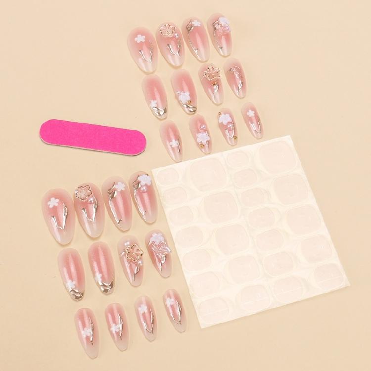 24pcs Press On Nail Short Almond False Nail With 3D Flowers Designs Glossy Artificial Full Cover Stick On Nail for Women