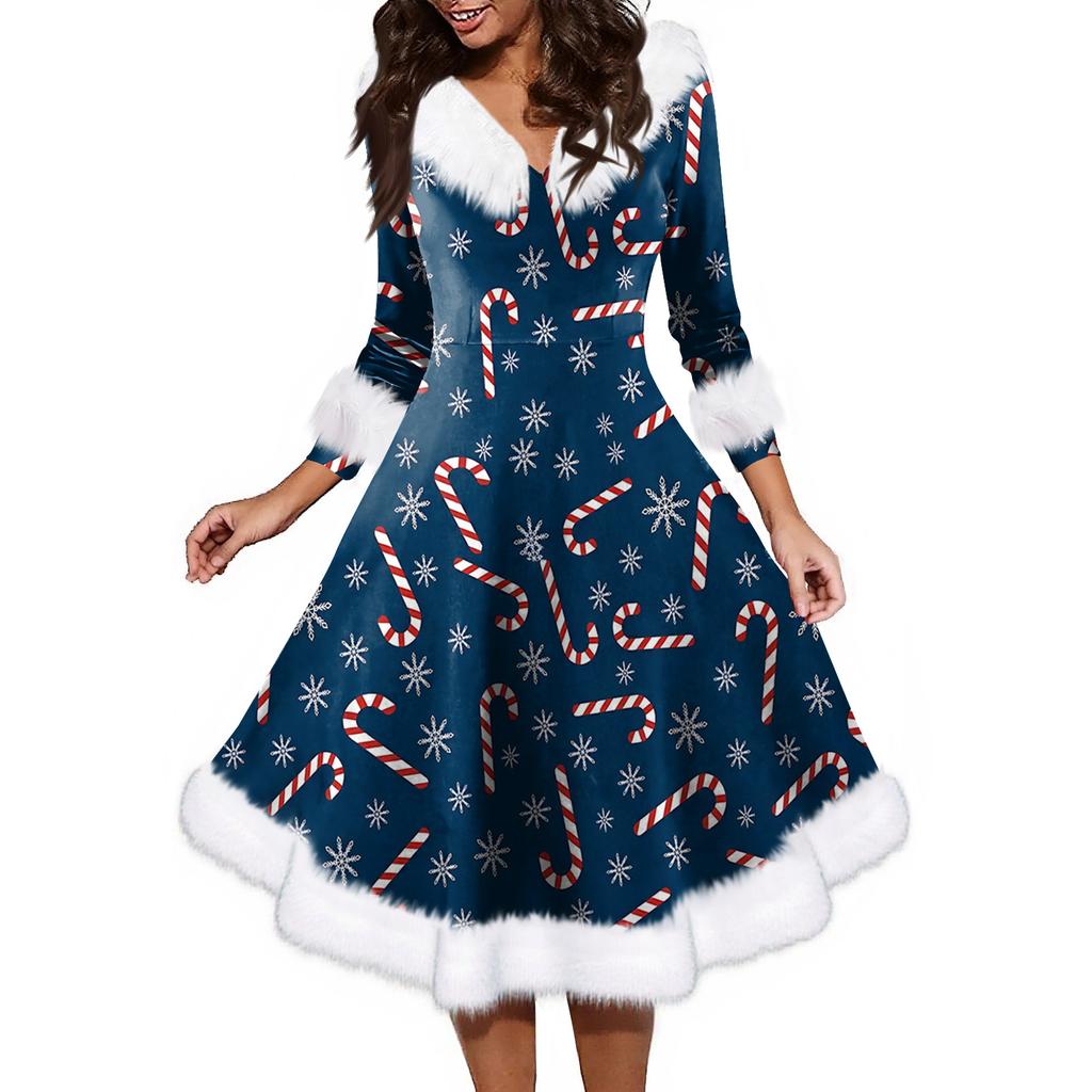 Women's Fashion V-neck Casual Fit Christmas Print Party Long Sleeve Dress