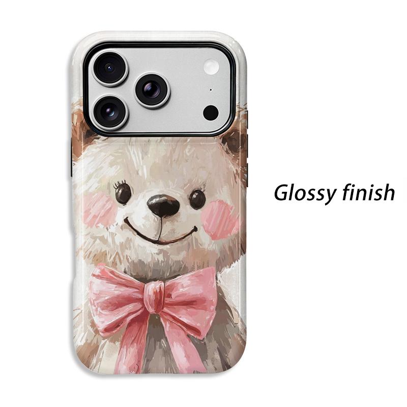 Cuddly Watercolor Teddy Bear Pink Bow Art Graphic Film Aesthetic Protective Shockproof Bumper Phone Case Cover For iPhone 14 15 16 Pro Max Plus