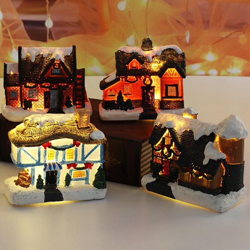 Christmas Village Houses Led Glowing Night Light Snowflake Covered House Santa Claus Gifts And Luminous Resin