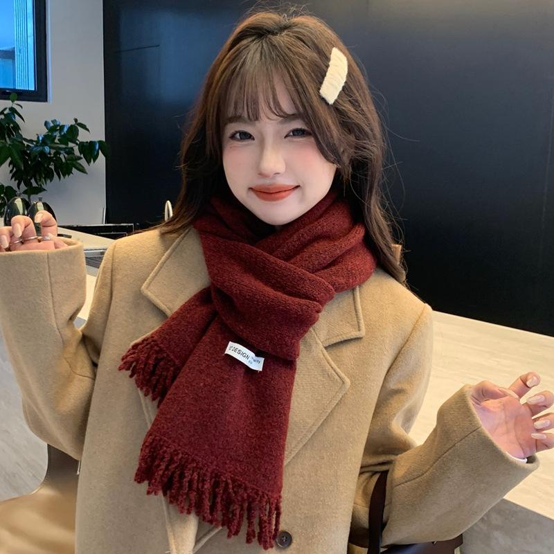 Women Winter Red Green Christmas Knitted Scarf Headscarf Lady Men Preppy Simple Tassel Scarve Foulard Wrap Shawl Casual Korean