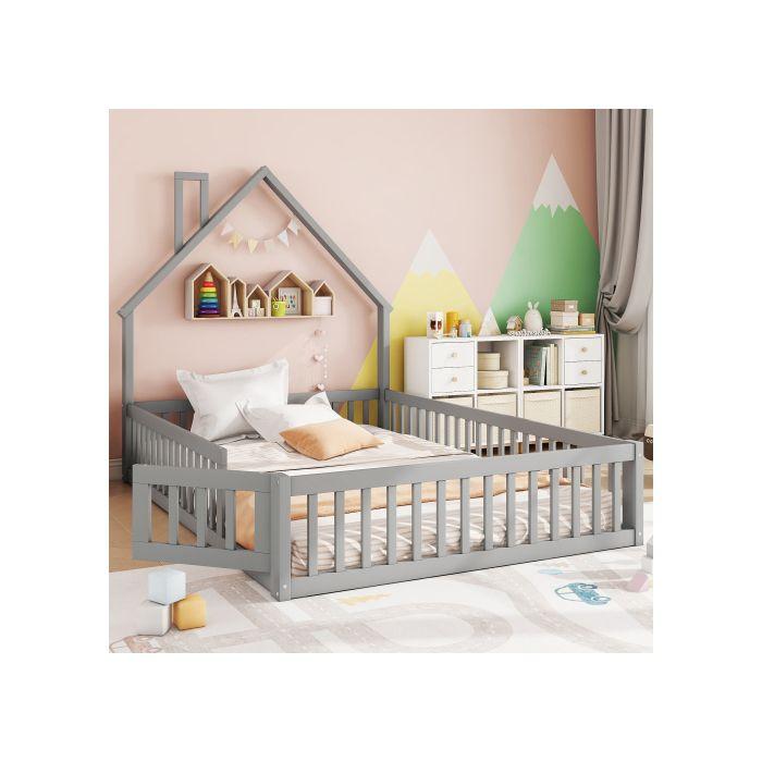 Lit - MUVOE - 140 x 200 cm - Rembourré - Pin - Style minimaliste - Gris