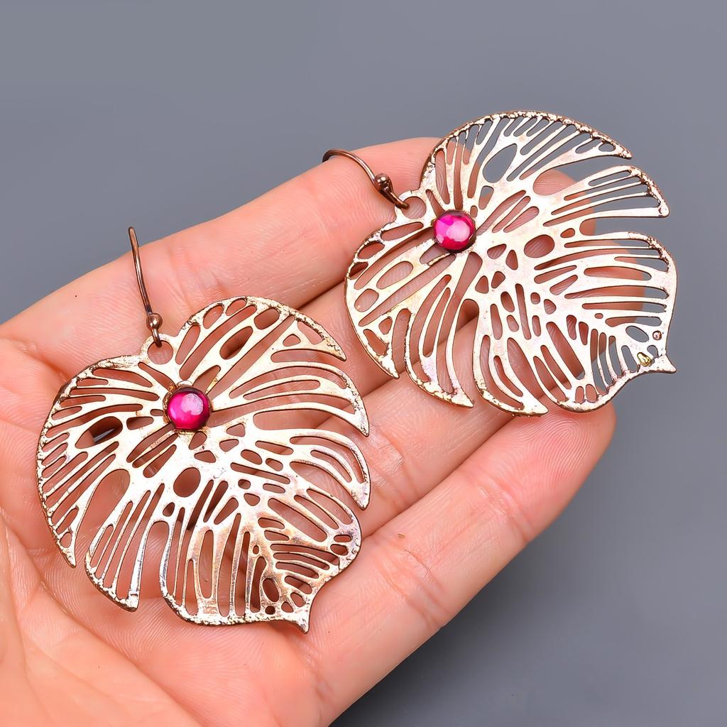 Naturalne Różowe Rubinowe Haczyki Galwanizowane Wiszące Kolczyki Prezent dla Żony Biżuteria Miedź V-49