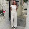 Y24ST593 Women's Casual Solid Color Round Neck Long Sleeve Top and Wide Leg Pants Set for Spring and Autumn