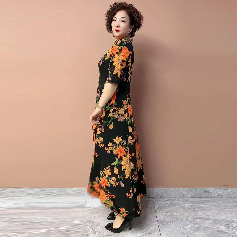 Summer Women's V-Neck Floral Dress Slim Fit Stretch Plus Size Dress Long Casual Dress