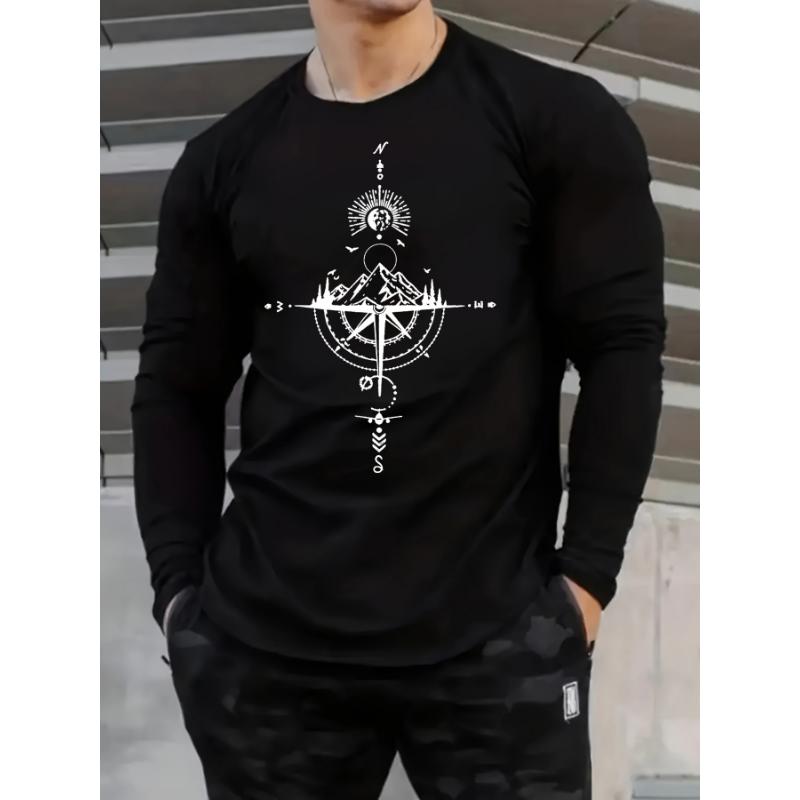 Camiseta De Manga Larga Con Cuello Redondo Y Estampado De Brújula De Montaña Para Deportes Y Ocio, 100% Algodón Puro, Holgada, Cómoda