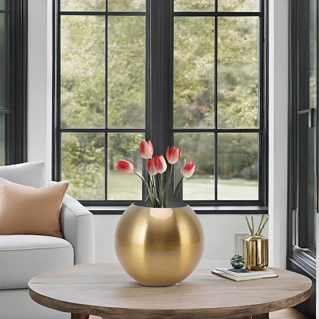 Nordic Style Round Vase Stainless Steel Flower Arrangement Vase Modern Small Flower Vase Vintage Flower Vase for Living Room Bedroom Office(Gold)