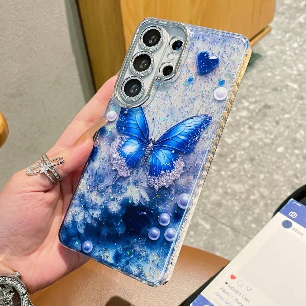 Sparkling Diamond Butterfly Pearl Pattern Case For Samsung S26 Ultra S25 S24 Plus S23 Ultra Soft Bling Glitter Silicone Cover