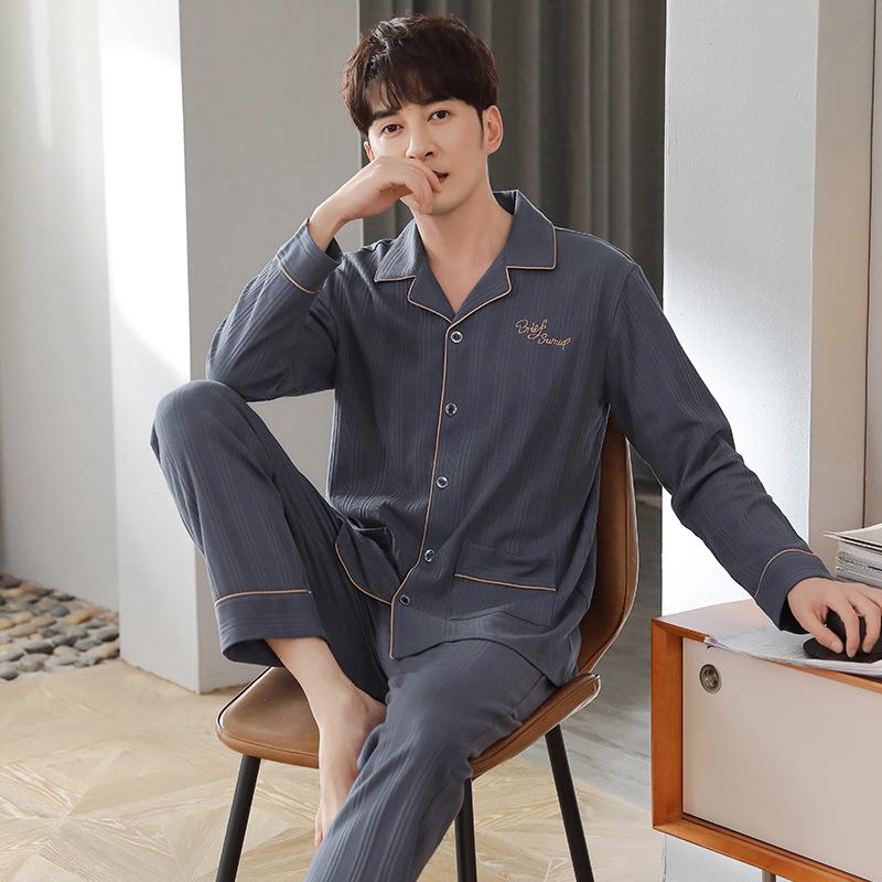 Pajamas Men'S Long-Sleeved Pure Cotton Spring And Autumn Men'S Cotton Loose Large Size Men'S Green, Medium Autumn And Winter Loungewear Set