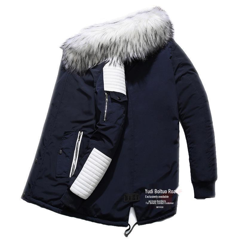 Men's Long Cotton Coat with Big Fur Collar, Thickened, 2018 Fashion.