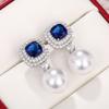 Huitan Gorgeous Blue Cubic Zirconia Imitation Pearl Earrings Women for Engagement Wedding Party Temperament Elegant Ear
