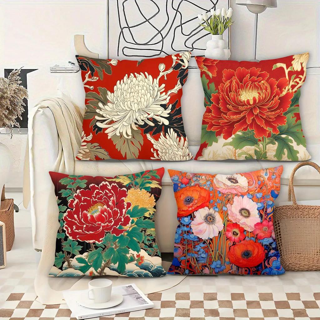 Asian Floral Peony Pillow Covers, Japanese Ukiyo-E Style Decorative Throw Pillow Cases, Oriental Home Decor Cushion Covers