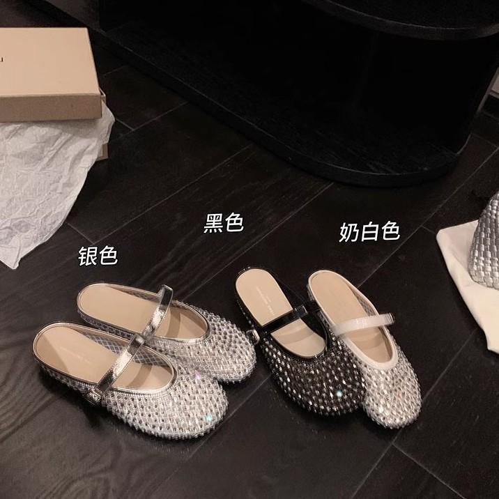 Yuanlitong Streamer Mesh Yarn Fashionable Versatile Rhinestone Mesh Breathable Buckle with Bag Head Vacation Slippers Women's Semi-drag Summer