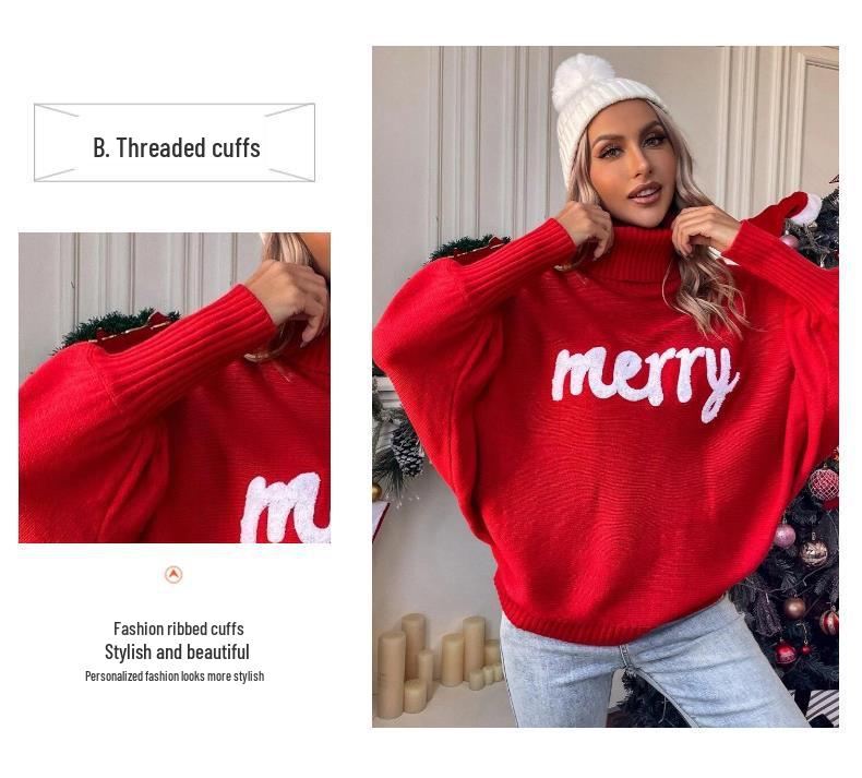 Women's European and American Loose Bat Sleeve Christmas Turtleneck Sweater