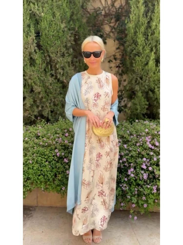 Women's Bohemian Floral Print Sleeveless Dress with Matching Long Red Cape