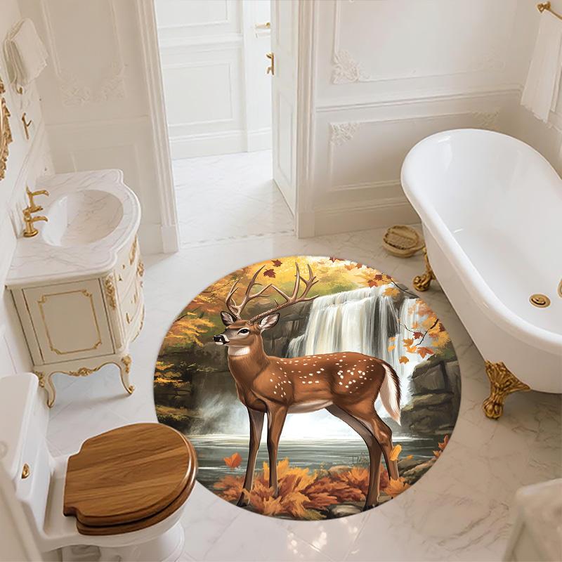 Deer by Waterfall Round Area Rug,Carpet Rug for Living Room Bedroom Sofa Playroom Decor,Non-slip Floor Mat