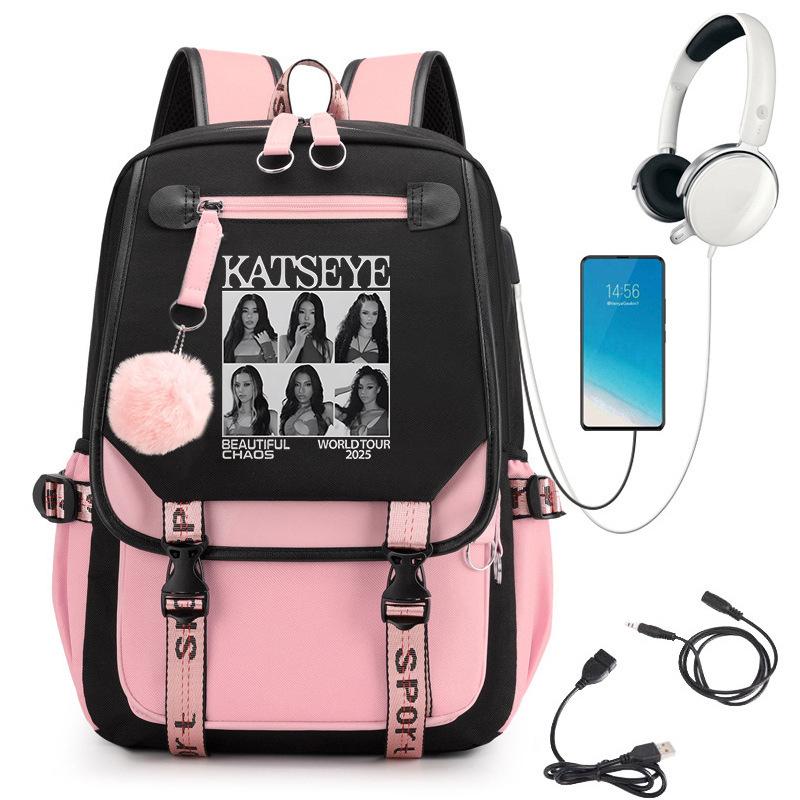 KATSEYE Retro Print Backpack Korean Style Campus Student Bookbag Large Capacity Fashion Daypack 60123-5