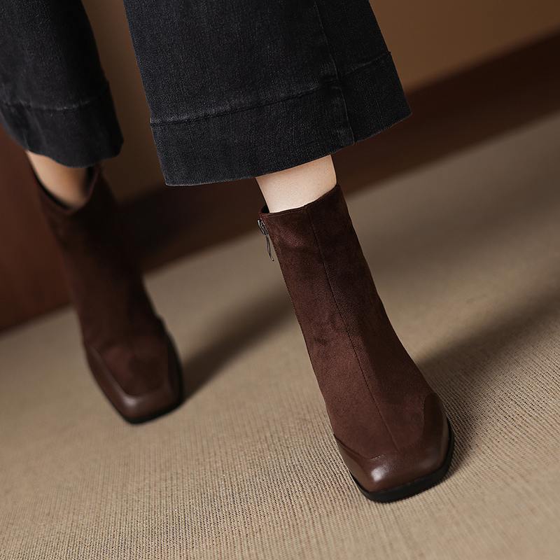 Krazing Pot Sheepskin Flock Winter Square Toe Chunky Heels Chelsea Fashion Boots Women Zip Patch Work Women Ankle Boots
