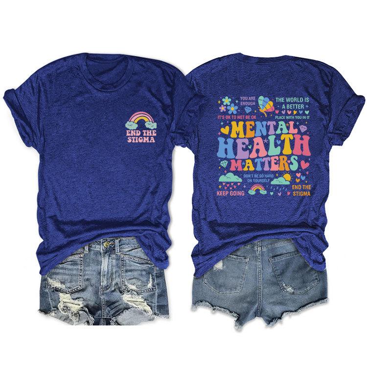 Summer Loose Crewneck Tshirt Unisextal Health Matters End the Stigma Printed Fashion Casual Shortsleeved Top with Womens Pullov