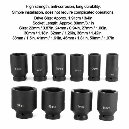 10PCS Metric Deep Impact Socket 3/4 Inch Drive 6 Points Portable Auto Car Tool Set 22-50mm Auto Repair Workshop