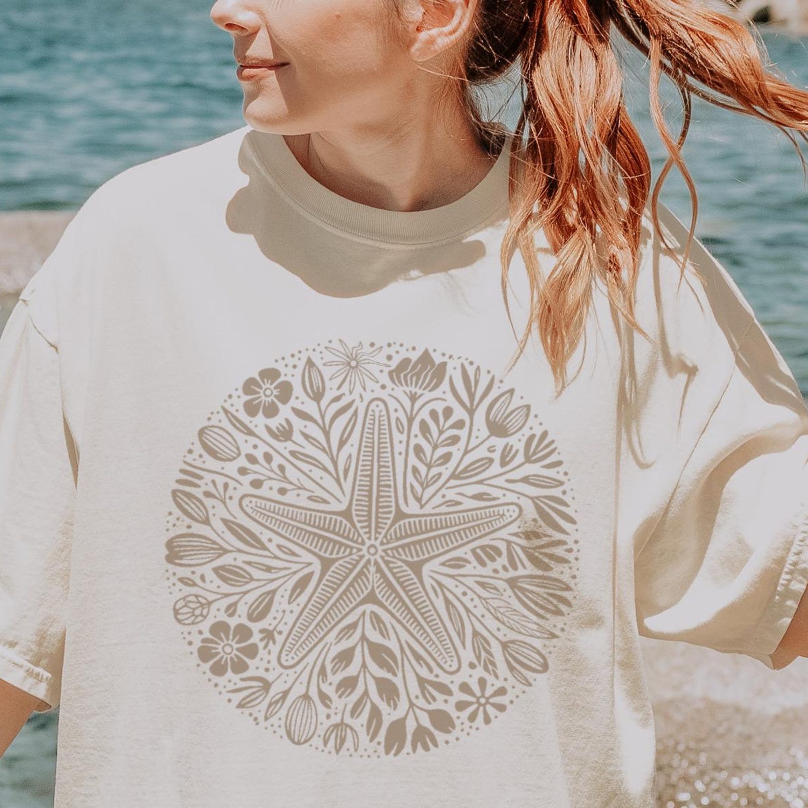 Starfish Botanical T-Shirt, Beach Bloom Linocut Design Unisex Comfort Colors Tee 100