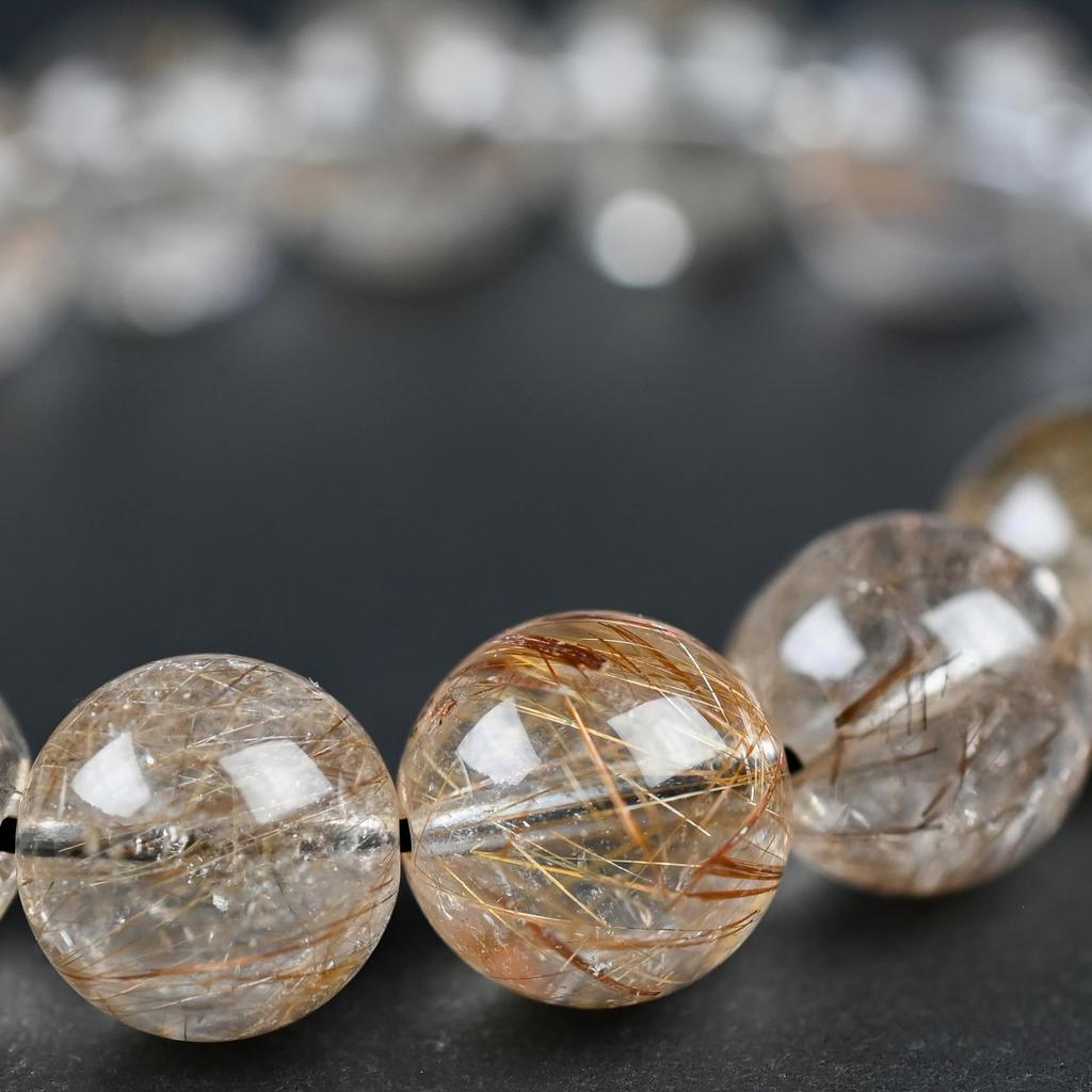 Eigado Mixed Rutilated Quartz 17 Inner Natural Power Good Fortune Bracelet, Beads, 12mm, Diameter Approx. 16cm, Stone, Stone, Luck, Amulet,