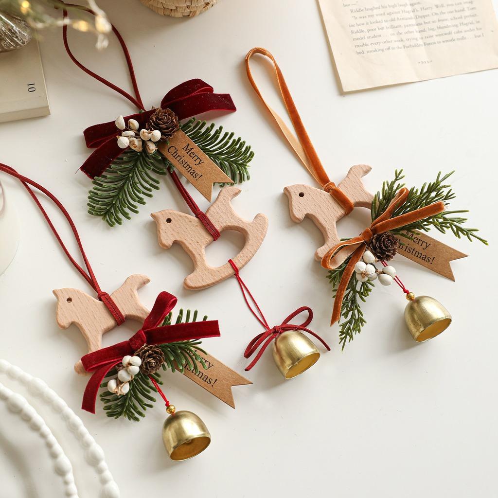 Rocking Horse Bell Ornament Compact Wooden Rocking Horse Ornament Door Wall Hanging Ornament Christmas Themed For Door Festive