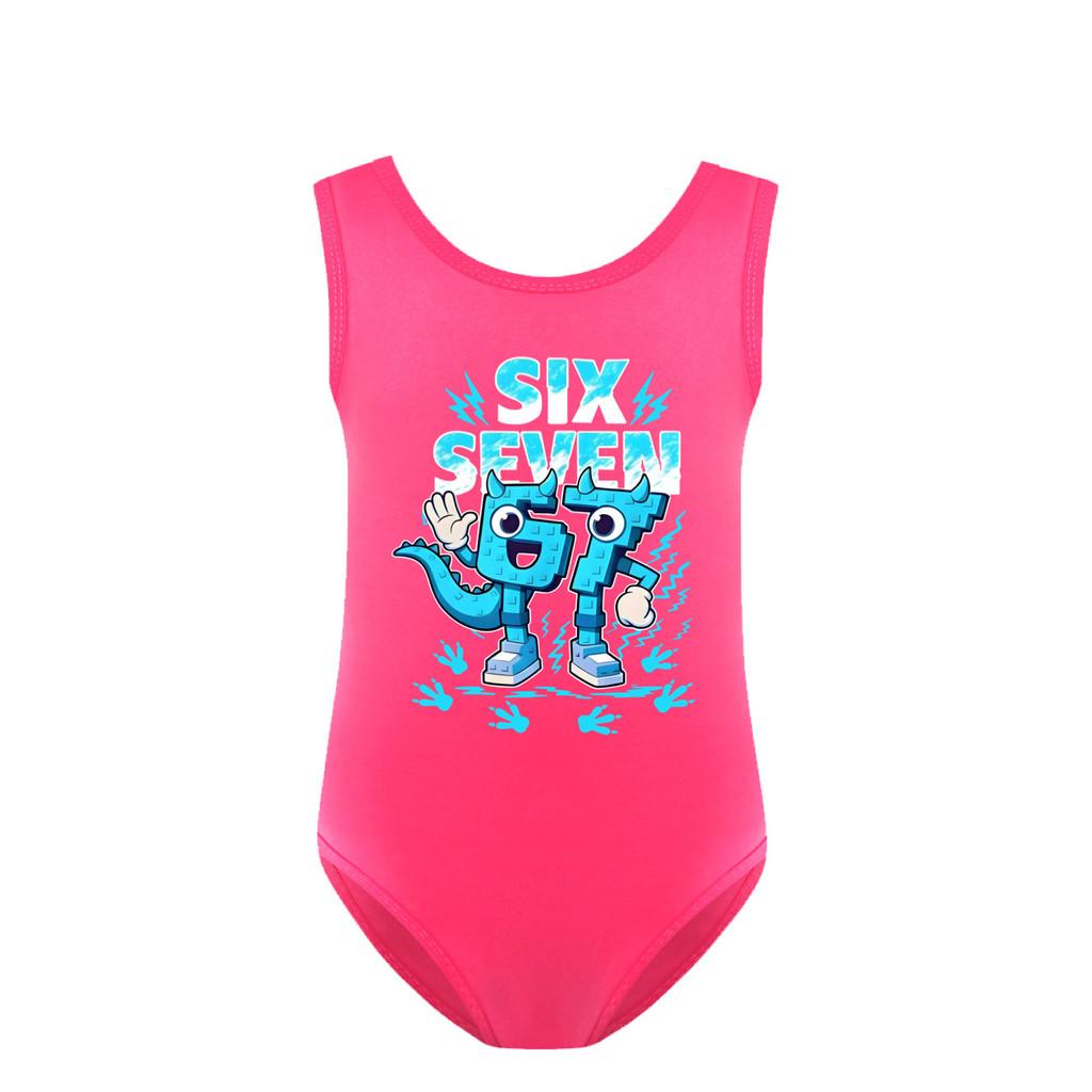 

5192 Детский Девочки Мультяшный Украсть Мозговую гниль 67 Шесть Семь Принт Рюши Купальник Купание Слитный Боди Купальник 160cm