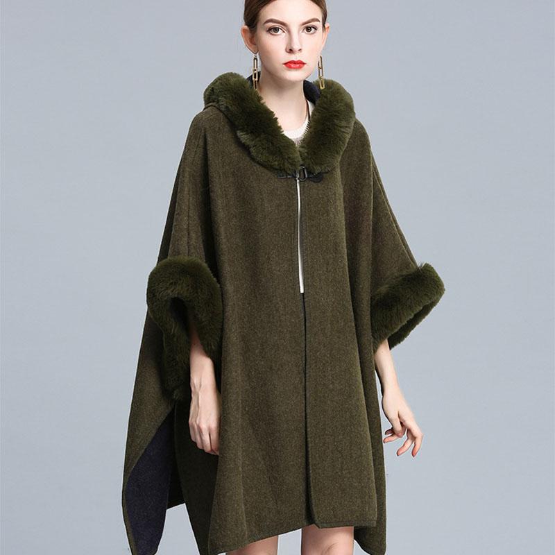 Herbst und Winter Imitation Rex Kaninchen Pelzkragen Kapuzenschal Damen Großer Wollmantel Mantel Lose Strickjacke Damen