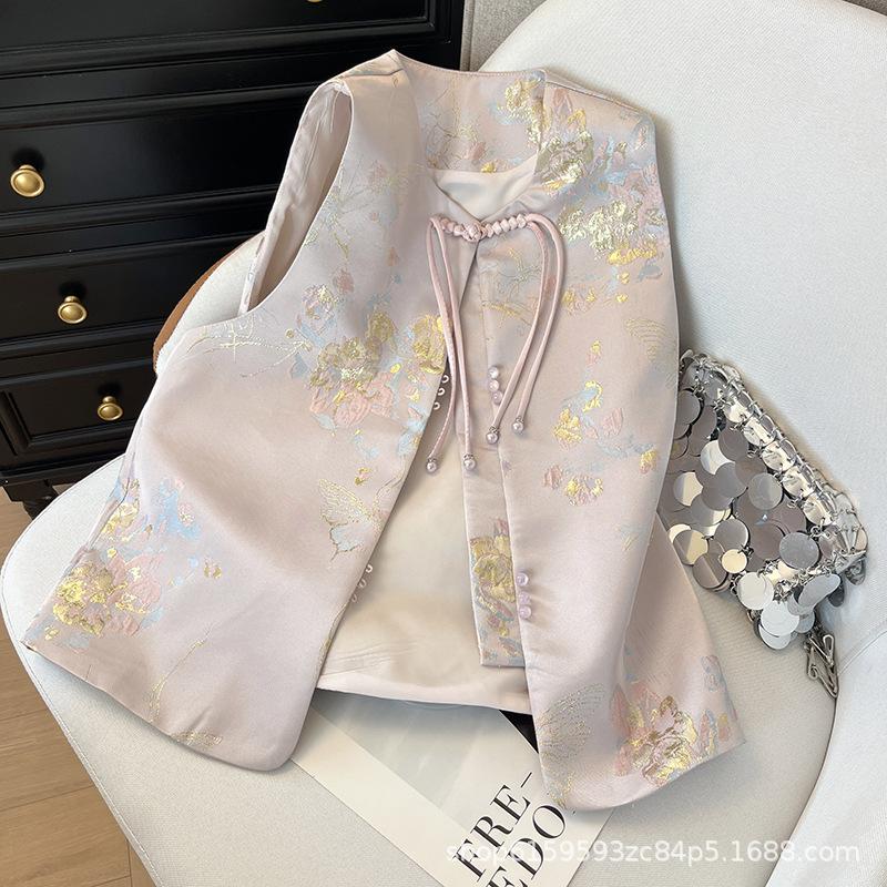 This Year, European Products 2025 New Foreign Style Small Fragrant Style Pink Buckle Jacquard Embroidery Vest
