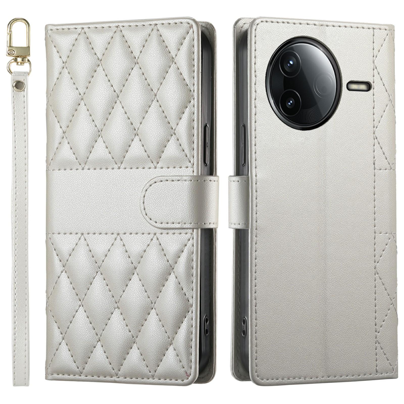 

For Xiaomi Redmi K80 5G/Poco F7 Pro 5G Case Rhombus Stitching Wallet Stand Leather Phone Cover with Long/Short Strap Beige